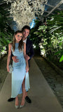 Blue Straps Backless Sheath Satin Long Party Dress, HZ0319