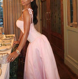 Pink Spaghetti Straps A-Line Long Party Dress Birthday Outfits, HZ0319
