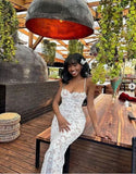 White Straps Sheath Lace Long Party Dress Birthday Outfits, HZ0319