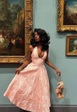 Pink Halter A-Line Satin Long Party Dress Birthday Outfits, HZ0319