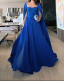 Blue A-Line Chiffon Cape Sleeves Long Formal Evening Party Dress, HZ0319