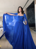 Blue A-Line Chiffon Cape Sleeves Long Formal Evening Party Dress, HZ0319