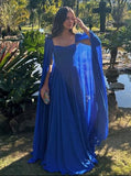 Blue A-Line Chiffon Cape Sleeves Long Formal Evening Party Dress, HZ0319