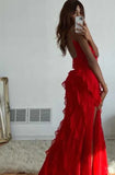 Red Spaghetti Straps Sheath Ruffles Long Evening Party Dress, HZ0319