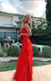 Red Spaghetti Straps Sheath Ruffles Long Evening Party Dress, HZ0319