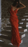 Red Spaghetti Straps Sheath Ruffles Long Evening Party Dress, HZ0319