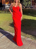 Red Spaghetti Straps Sheath Ruffles Long Evening Party Dress, HZ0319