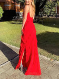 Red Spaghetti Straps Sheath Ruffles Long Evening Party Dress, HZ0319