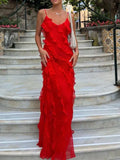 Red Spaghetti Straps Sheath Ruffles Long Evening Party Dress, HZ0319