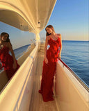 Red Spaghetti Straps Sheath Ruffles Long Evening Party Dress, HZ0319