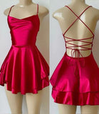 Red Straps A-Line Satin Simple Homecoming Dress Mini Birthday Outfits, HZ0319