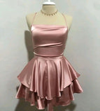 Pink Straps A-Line Satin Simple Homecoming Dress Mini Birthday Outfits, HZ0319
