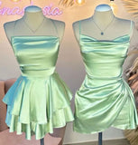 Green Straps A-Line Satin Simple Homecoming Dress Mini Birthday Outfits, HZ0319