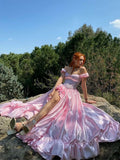Pink Off Shoulder A-Line Satin Long Party Dress Birthday Outfits, HZ0319
