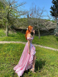 Pink Off Shoulder A-Line Satin Long Party Dress Birthday Outfits, HZ0319