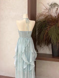 Light Blue Halter A-Line Chiffon Long Party Dress Vacation Dress, HZ0319