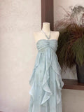 Light Blue Halter A-Line Chiffon Long Party Dress Vacation Dress, HZ0319
