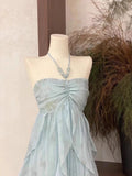 Light Blue Halter A-Line Chiffon Long Party Dress Vacation Dress, HZ0319