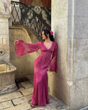 Fuchsia Long Sleeves V Neck Lace Long Party Dress Fashion Vacation Dress, HZ0319