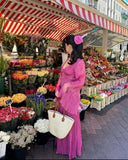 Fuchsia Long Sleeves V Neck Lace Long Party Dress Fashion Vacation Dress, HZ0319