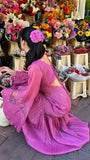 Fuchsia Long Sleeves V Neck Lace Long Party Dress Fashion Vacation Dress, HZ0319