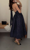 Navy Halter A-Line Backless Polka Dots Long Party Dress, HZ0319