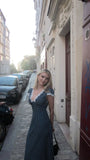 Elegant Navy V Neck Sheath Polka Dots Lace Long Party Dress, HZ0319