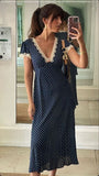 Elegant Navy V Neck Sheath Polka Dots Lace Long Party Dress, HZ0319