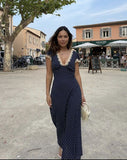 Elegant Navy V Neck Sheath Polka Dots Lace Long Party Dress, HZ0319