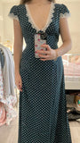Elegant Navy V Neck Sheath Polka Dots Lace Long Party Dress, HZ0319