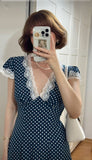 Elegant Navy V Neck Sheath Polka Dots Lace Long Party Dress, HZ0319