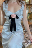 Light Blue Straps A-Line Satin Long Party Dress Wedding Guest Dress, HZ0319