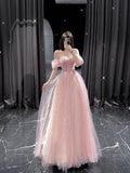 Pink Off Shoulder A-Line Tulle Long Formal Party Dress, HZ0319