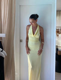 Light Yellow Halter Sheath Satin Long Party Dress Wedding Guest Dress, HZ0319