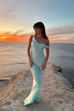 Light Blue Off Shoulder Sheath Satin Long Party Dress Wedding Guest Dress, HZ0319