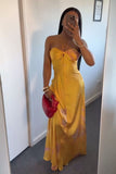 Yellow A-Line Halter Satin Long Party Dress Wedding Guest Dress, HZ0319