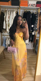 Yellow A-Line Halter Satin Long Party Dress Wedding Guest Dress, HZ0319