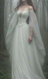 White Off Shoulder A-Line Chiffon Retro Long Prom Dress, HZ0319