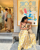 Yellow Straps Printed A-Line Long Party Dress Fashion Holiday Dress, HZ0319