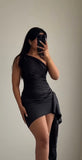 Black One Shoulder Sheath Satin Short Party Dress, HZ0319