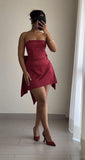 Wine Red Strapless Sheath Satin Short Party Dress, HZ0319