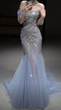 Blue Off Shoulder Beading Mermaid Long Prom Dress Evening Gown, HZ0319