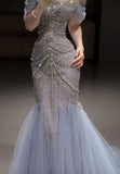 Blue Off Shoulder Beading Mermaid Long Prom Dress Evening Gown, HZ0319