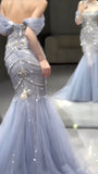Blue Off Shoulder Beading Mermaid Long Prom Dress Evening Gown, HZ0319