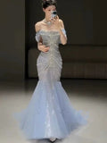 Blue Off Shoulder Beading Mermaid Long Prom Dress Evening Gown, HZ0319