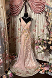 Elegant Pink V Neck Mermaid Vintage Long Evening Gown, HZ0319