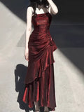 Burgundy Straps Sheath Satin Long Party Dress Birthday Outfit, HZ0319