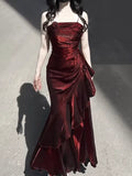Burgundy Straps Sheath Satin Long Party Dress Birthday Outfit, HZ0319