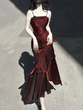 Burgundy Straps Sheath Satin Long Party Dress Birthday Outfit, HZ0319