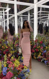 Pink Strapless Sheath Split Long Party Dress Wedding Guest Dress, HZ0319